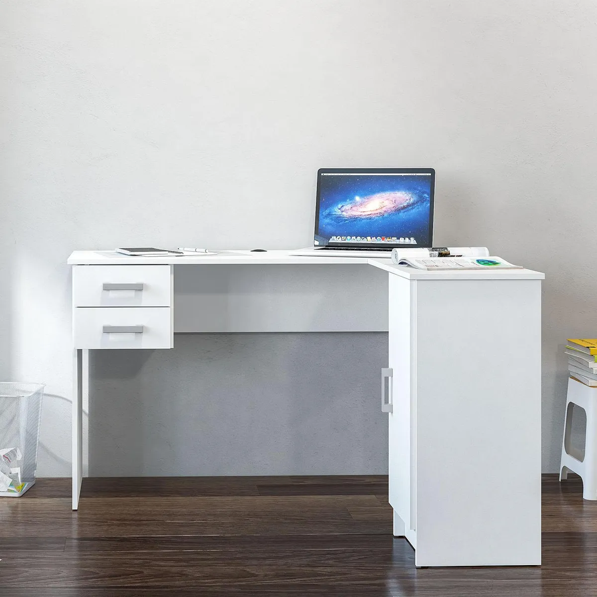 VEKKAHOME - Escritorio en L Esquinero Barcelona Blanco 106x75.5x125.5 cm