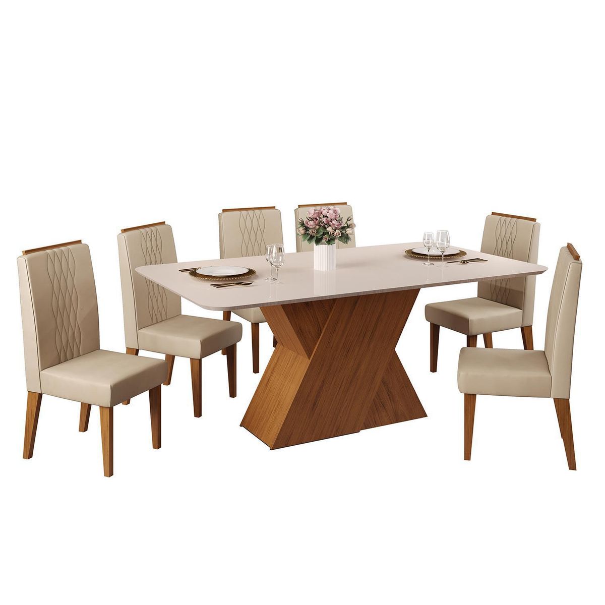 VEKKAHOME - Juego de Comedor Rubi 6 Sillas Mesa Rectangular 90x80x170 cm Café/Beige