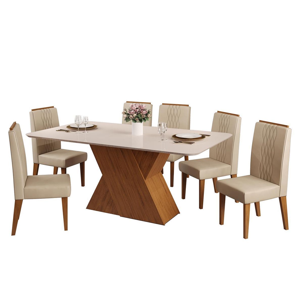 VEKKAHOME - Juego de Comedor Rubi 6 Sillas Mesa Rectangular 90x80x170 cm Café/Beige