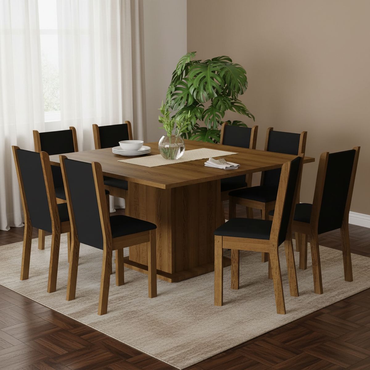 VEKKAHOME - Juego de Comedor Clarice 8 Sillas Mesa Cuadrada 136x77x136 cm Café