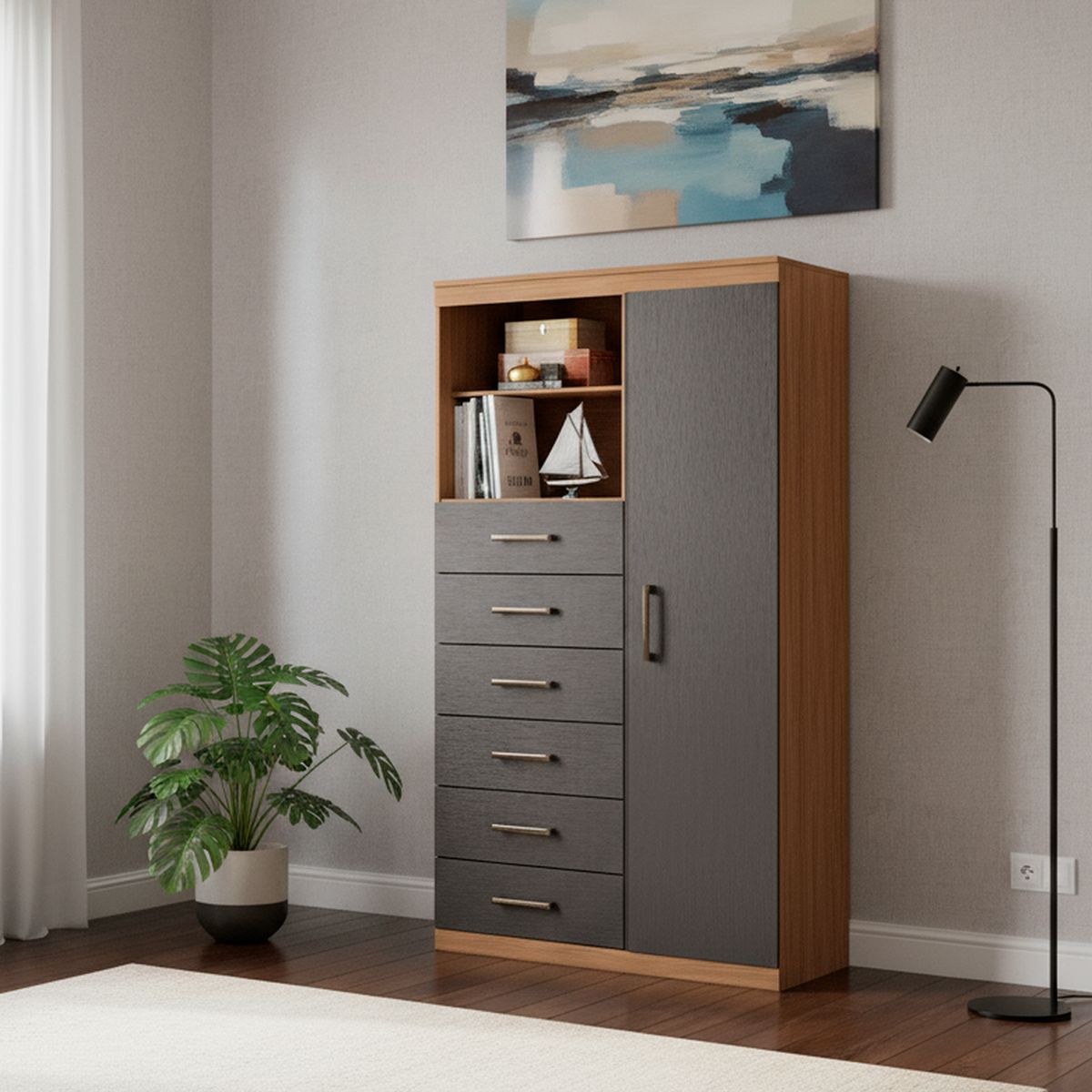 ONESSTA - Cómoda 1 Puerta 6 Cajón 96,2x163,5x40 cm Café y negro