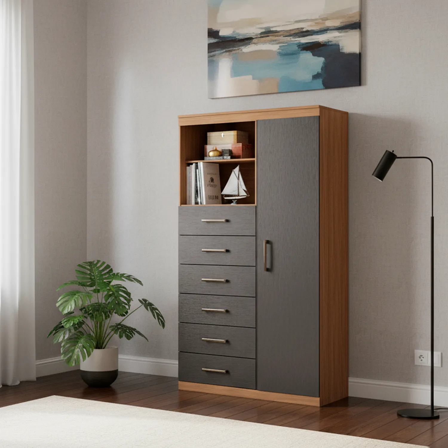 Cómoda 1 Puerta 6 Cajón 96,2x163,5x40 cm Café y negro | Sodimac