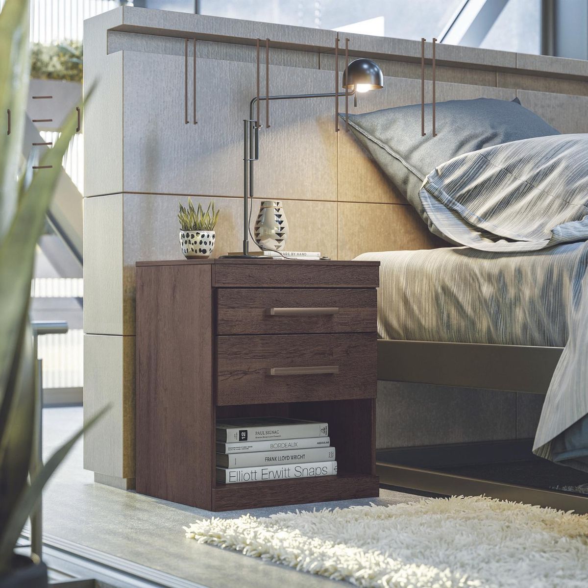 ONESSTA - Velador 2 Cajón(es) Ebano 44.8x55.5x37.8 cm Café