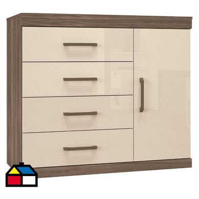 Cmoda 1 puerta 4 cajones beige castaa off white