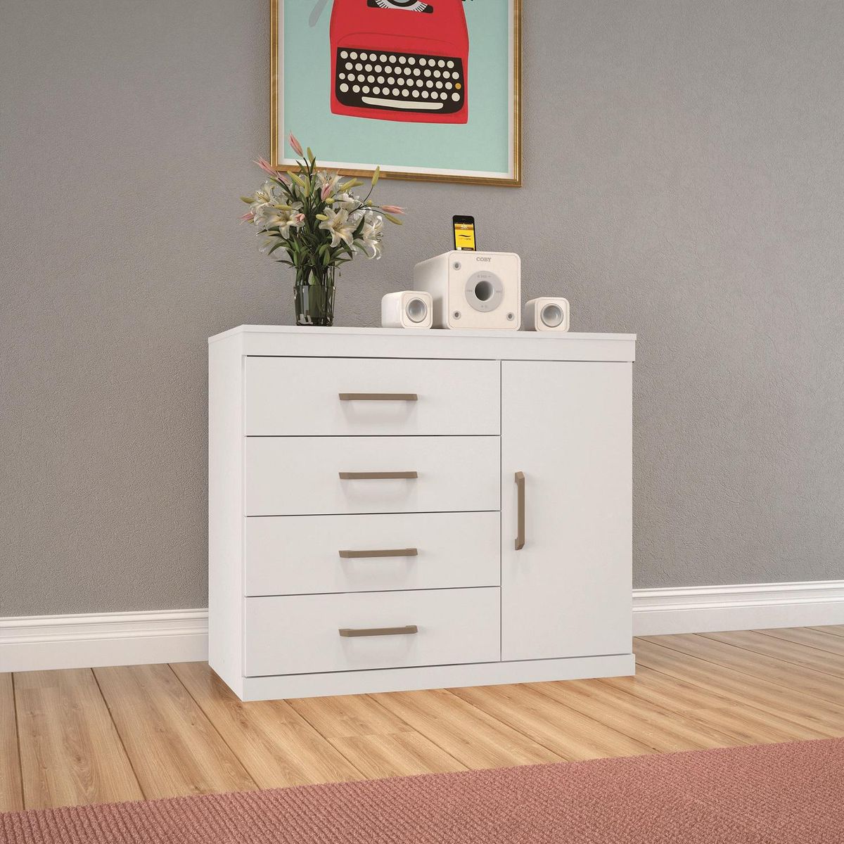 ONESSTA - Cómoda 1 Puerta 4 Cajón 94,7x81,6x46,8 cm Blanco