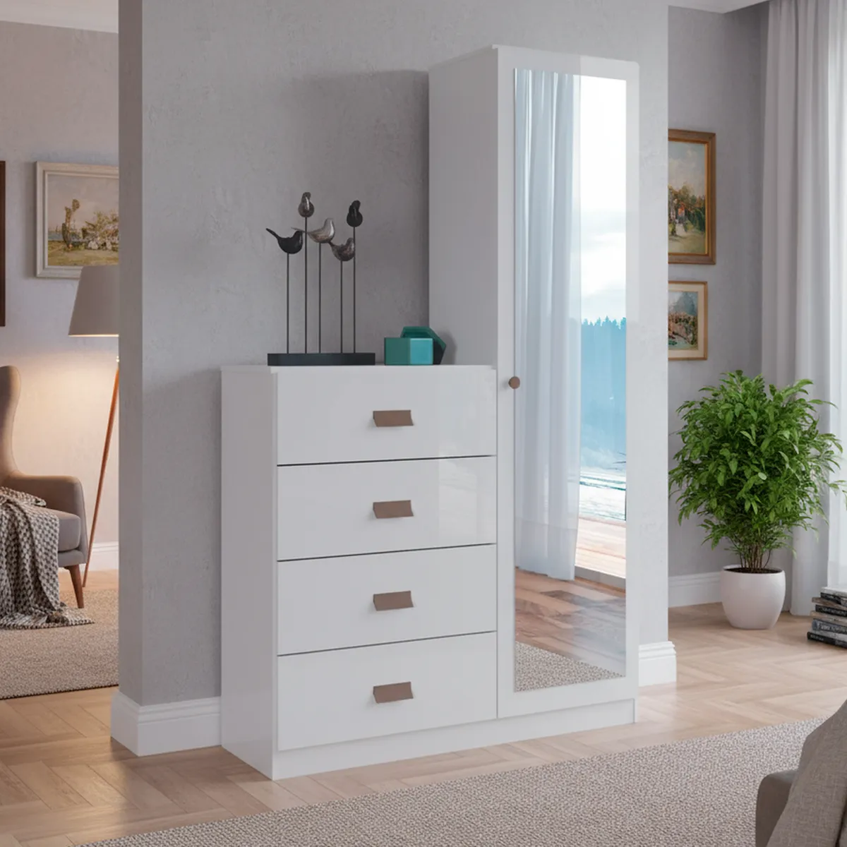 ONESSTA - Cómoda 1 Puerta 4 Cajón 106,9x180x39,5 cm Blanco