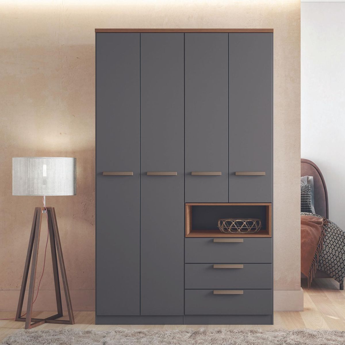 ONESSTA - Clóset 4 Puerta(s) 3 Cajón(es) 4 Repisa(s) 120.5x200x46.3 cm Gris Jatoba Grafito
