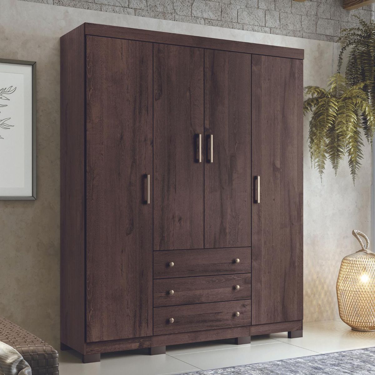 ONESSTA - Clóset con Patas 4 Puerta(s) 3 Cajón(es) 7 Repisa(s) 159x200x46.3 cm Café Oscuro Ebano