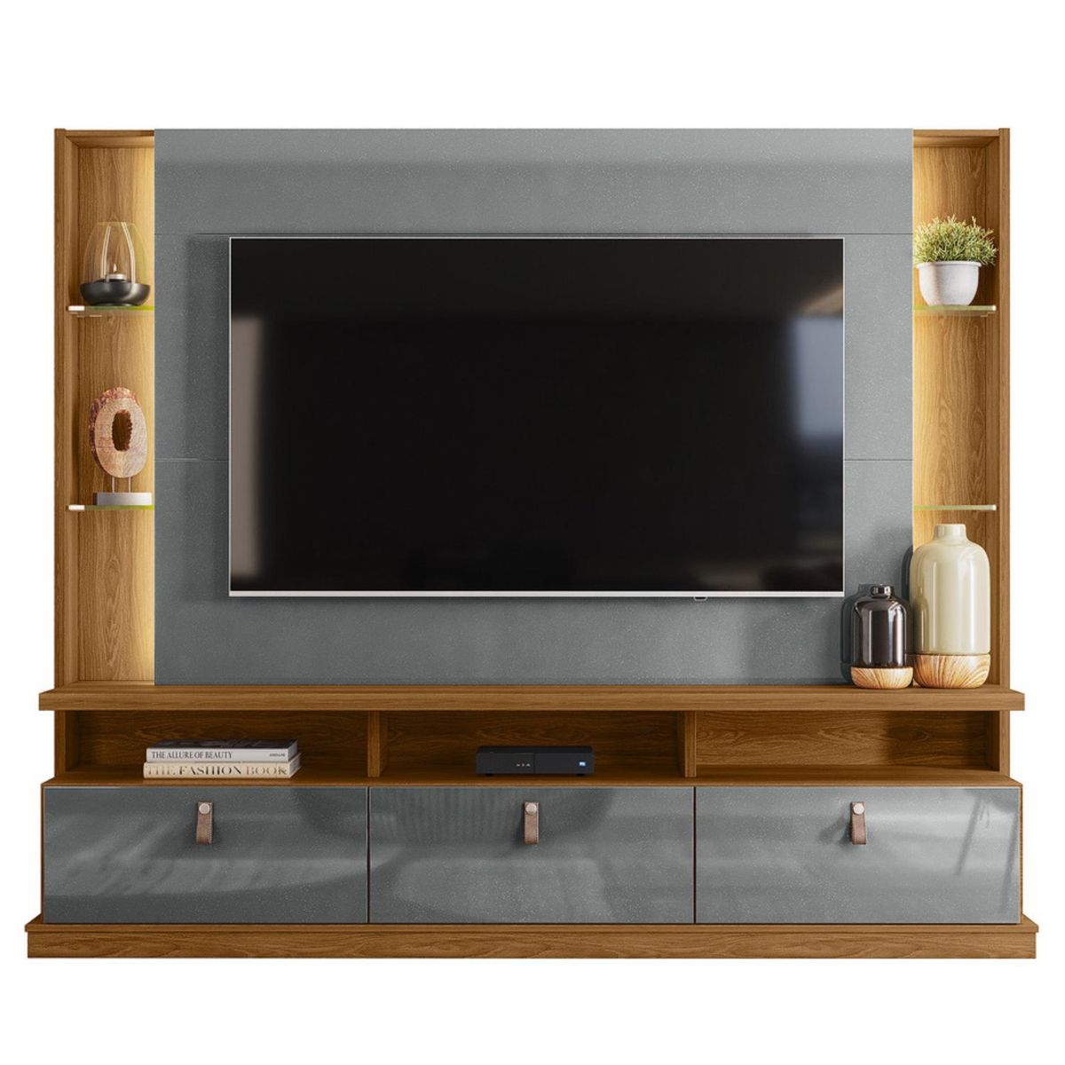ONESSTA - Home estante TV 70" 3 puertas con ruedas y luz led gris cinza freijo