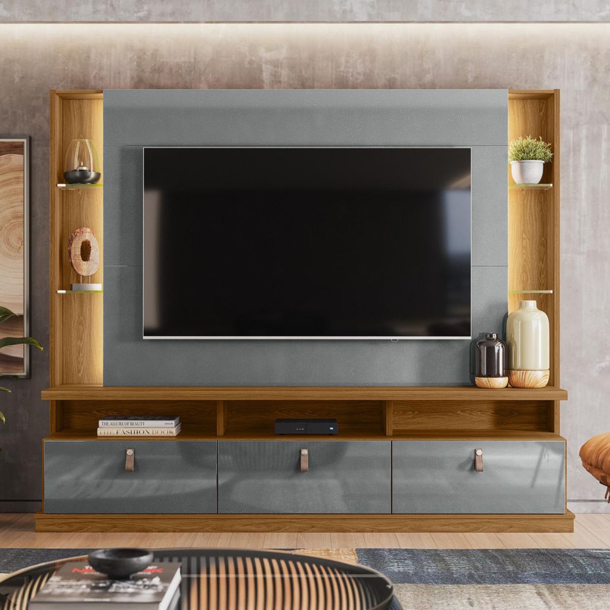 ONESSTA - Home estante TV 70" 3 puertas con ruedas y luz led gris cinza freijo