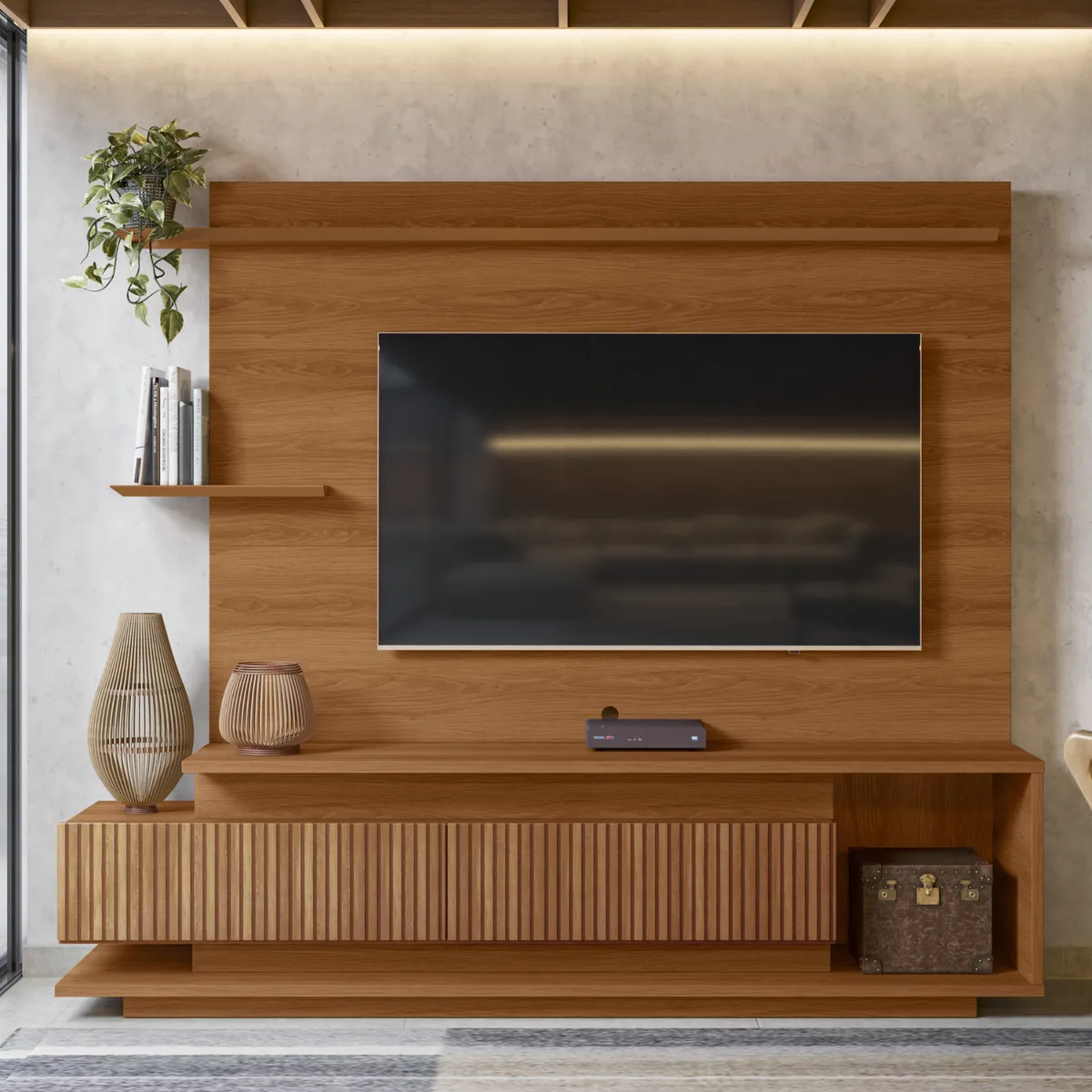 ONESSTA - Home estante TV 65" 2 puertas con ruedas y repisas café freijo