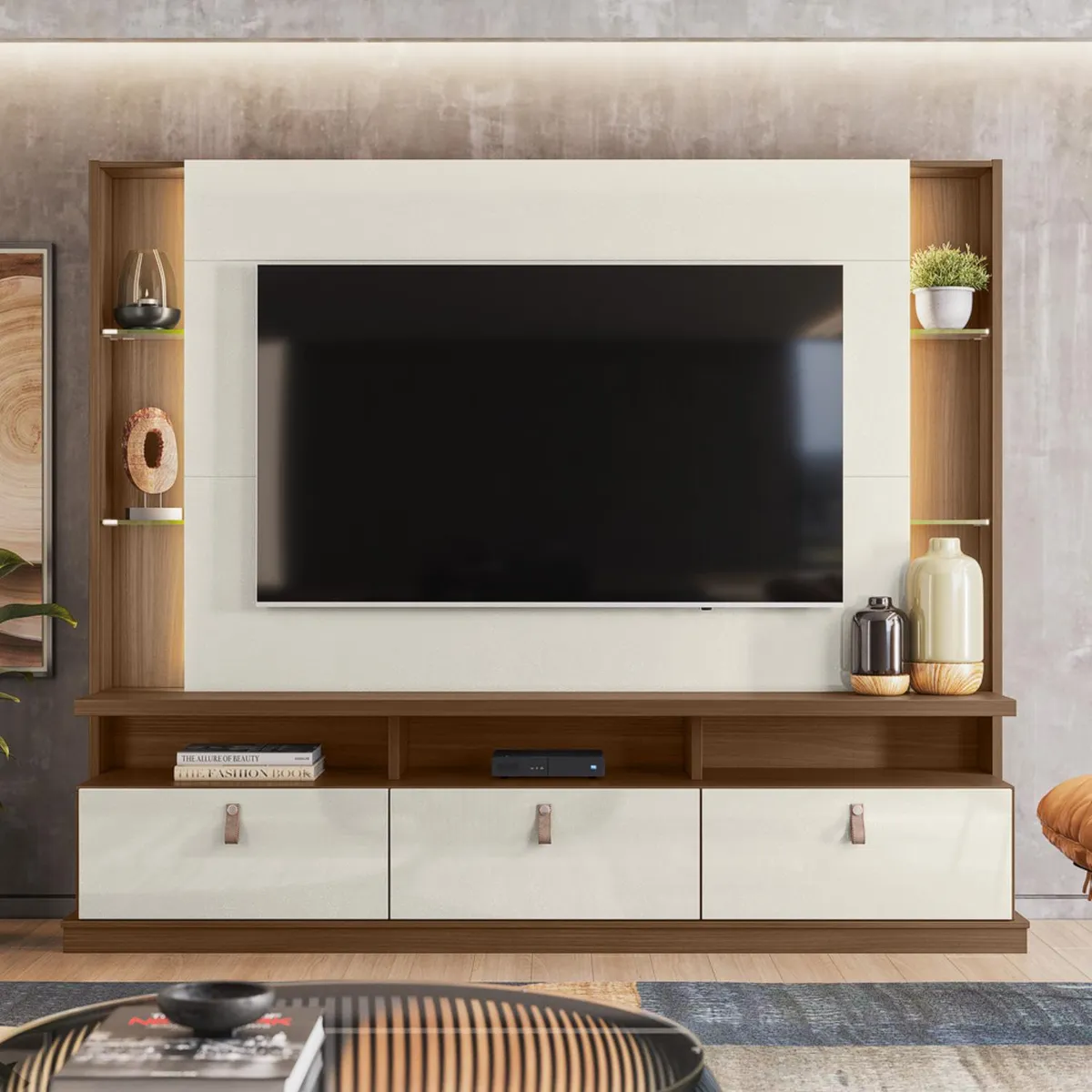 ONESSTA - Home estante TV 70" 3 puertas con ruedas y luz led blanco