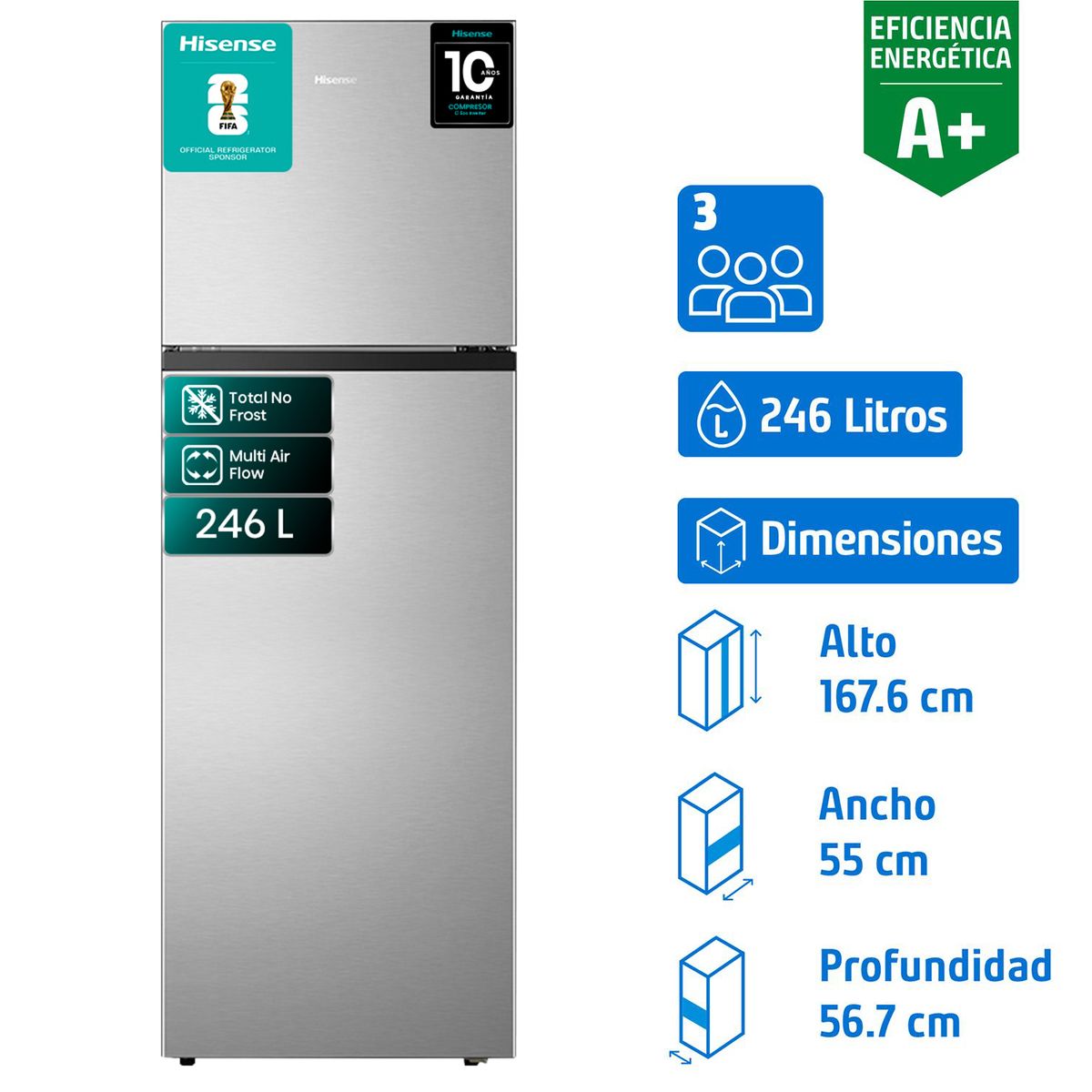 HISENSE - Refrigerador Top Freezer No Frost 246 Litros Silver RT320NV