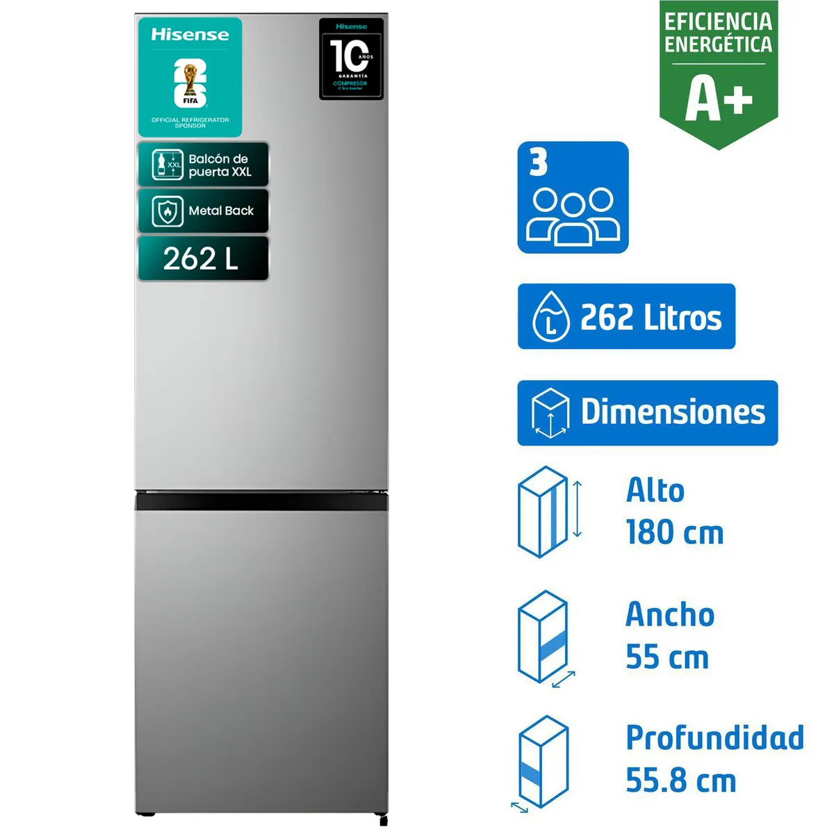 HISENSE - Refrigerador Bottom Freezer Frío Directo 262 Litros Silver RB341NL