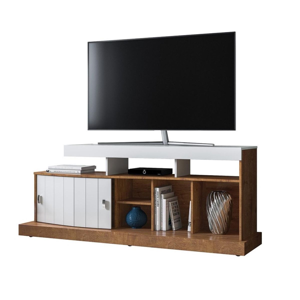ONESSTA - Rack TV 50" puerta corredera curva con repisas y ruedas café blanco