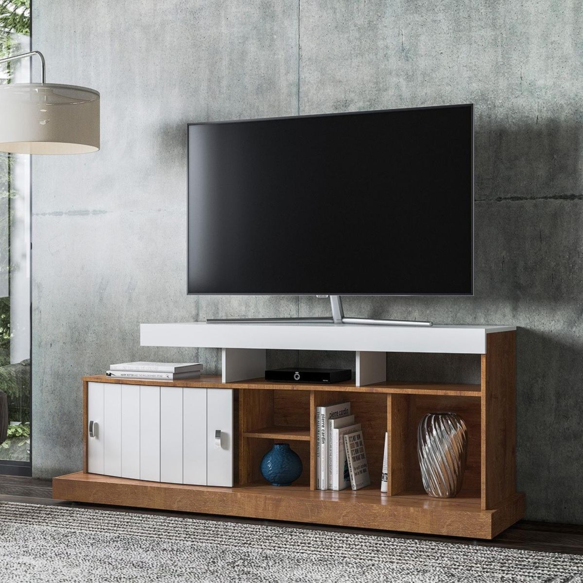 ONESSTA - Rack TV 50" puerta corredera curva con repisas y ruedas café blanco