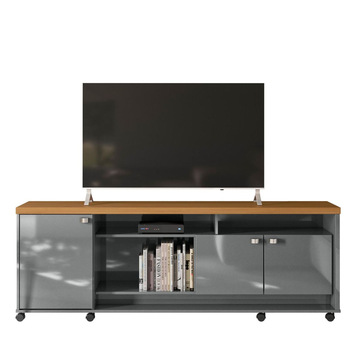 ONESSTA - Rack TV 75"3 puertas con repisas y ruedas gris cinza