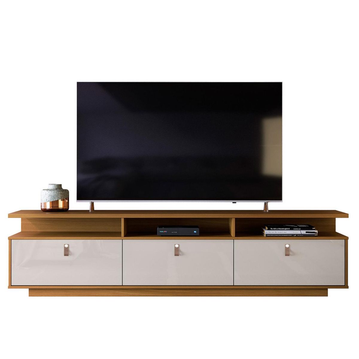 ONESSTA - Rack TV 75"3 puertas con brazo hidraulico y ruedas café blanco