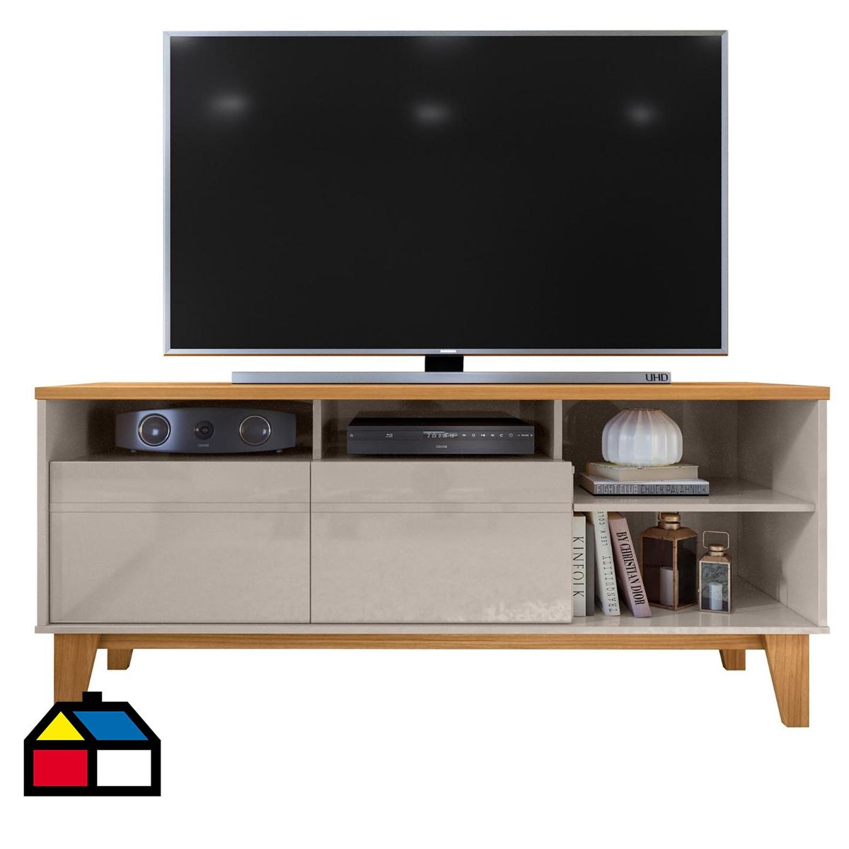 ONESSTA - Rack TV 60" 2 puertas con repisas y patas de madera blanco café
