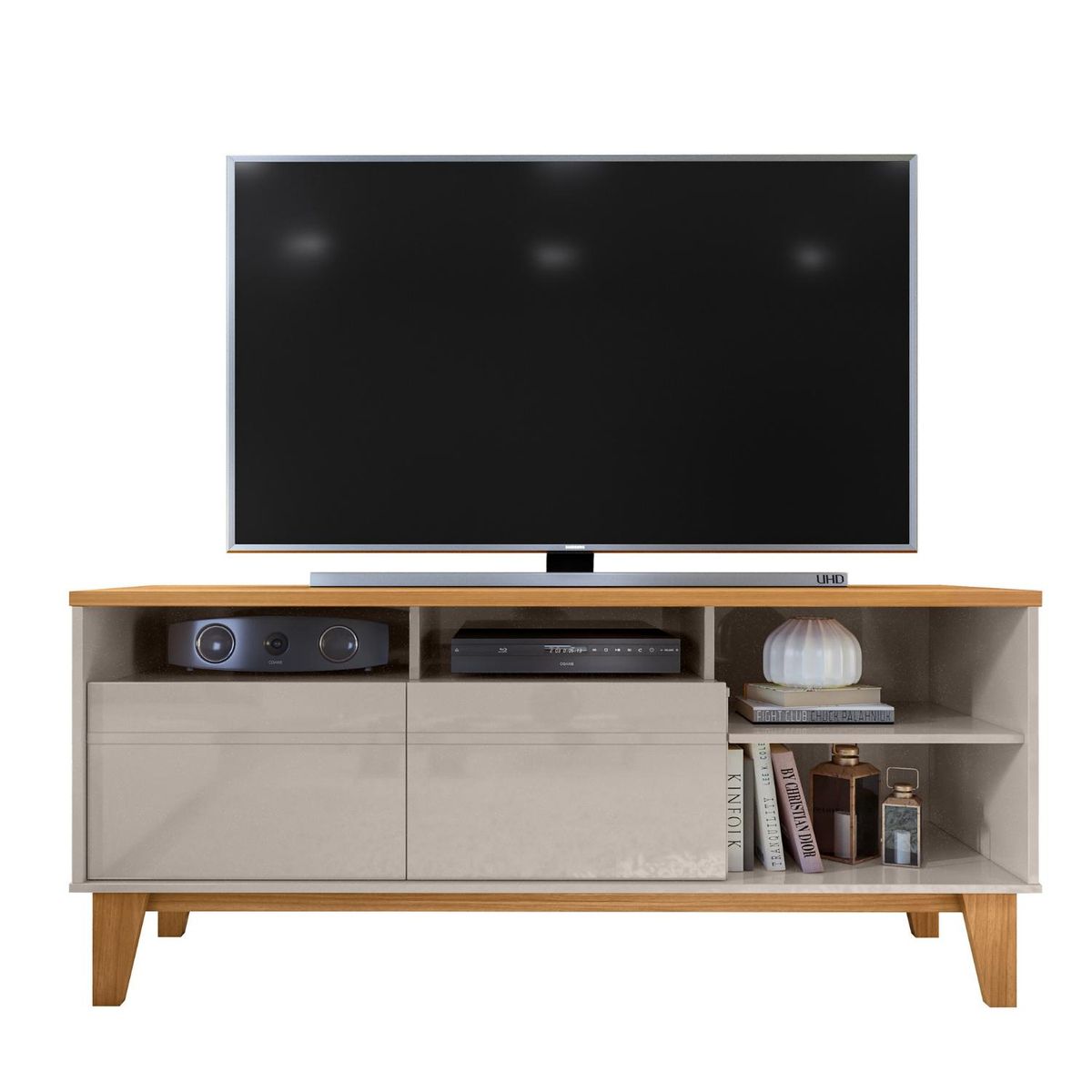 ONESSTA - Rack TV 60" 2 puertas con repisas y patas de madera blanco café