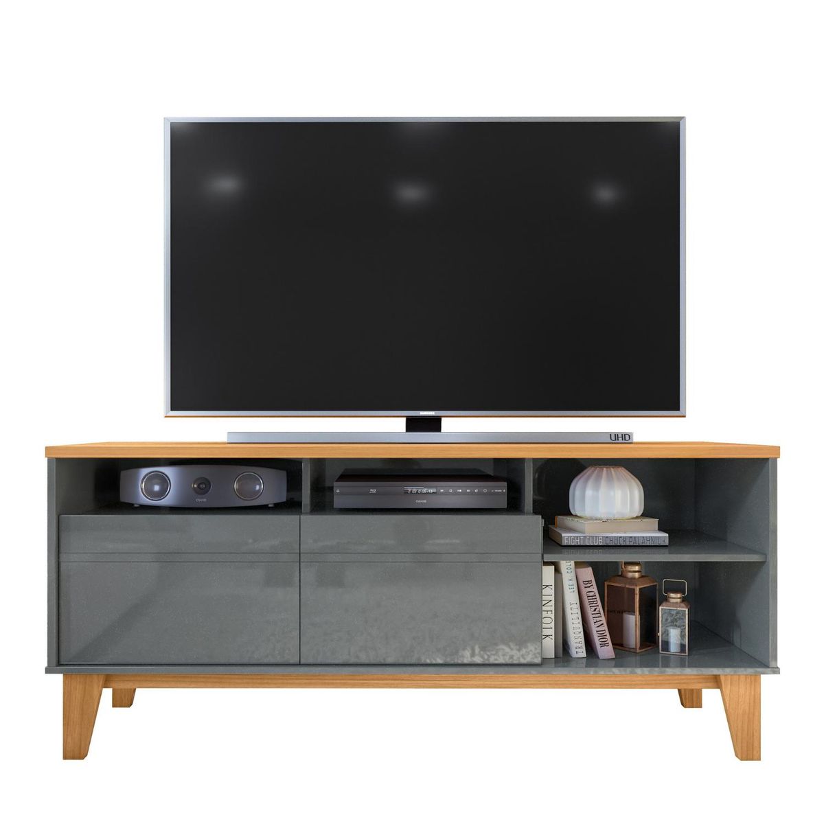 ONESSTA - Rack TV 60" 2 puertas con repisas y patas de madera gris cinza café