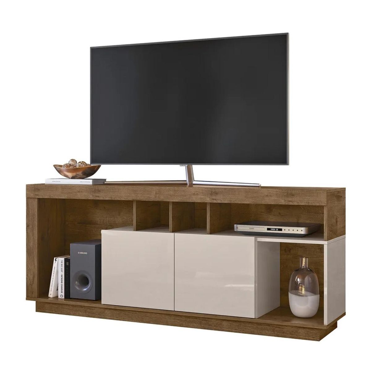ONESSTA - Rack TV 65" 2 puertas con repisas y ruedas madero café blanco