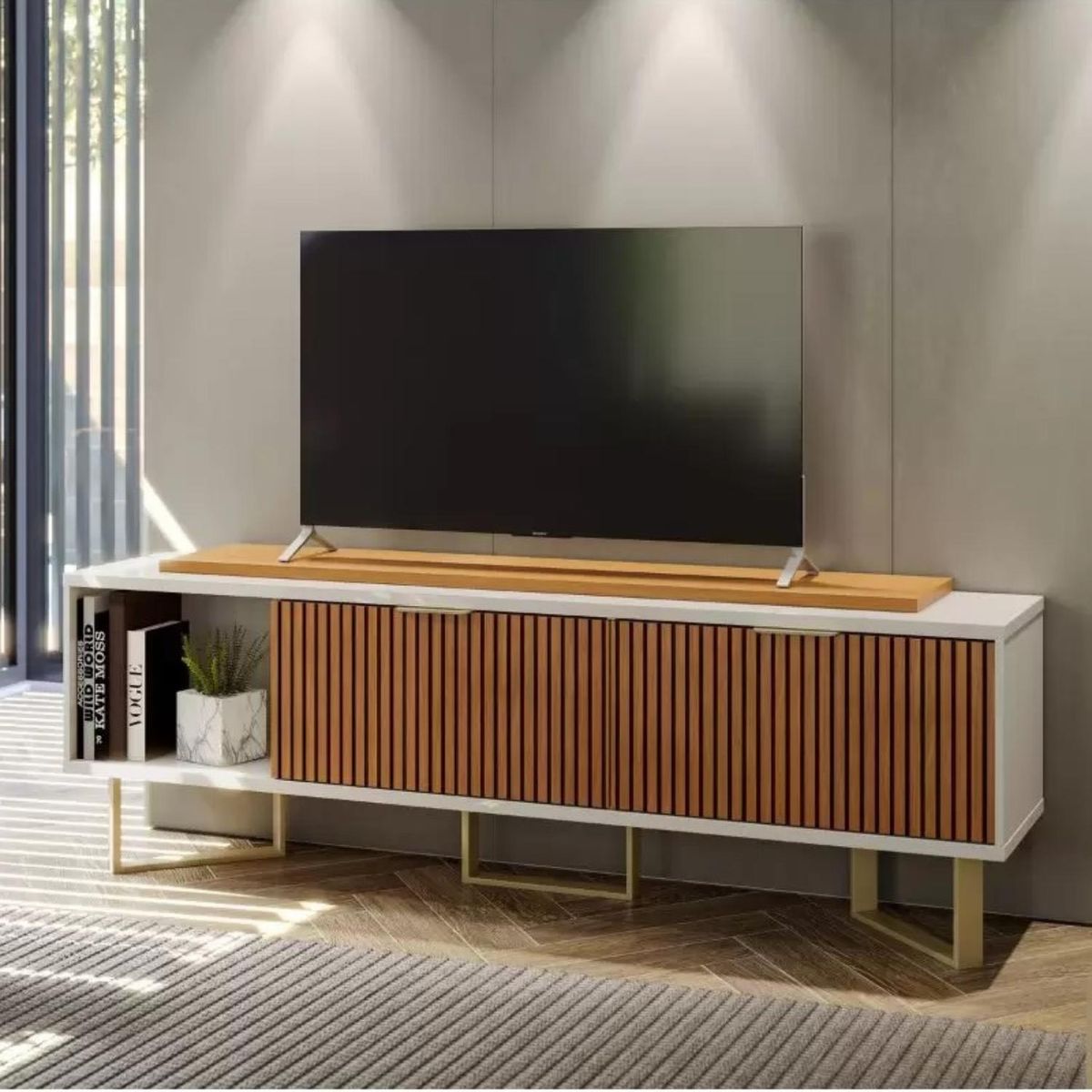 ONESSTA - Rack TV 70"2 puertas con brazo hidraulico y patas de fierro café