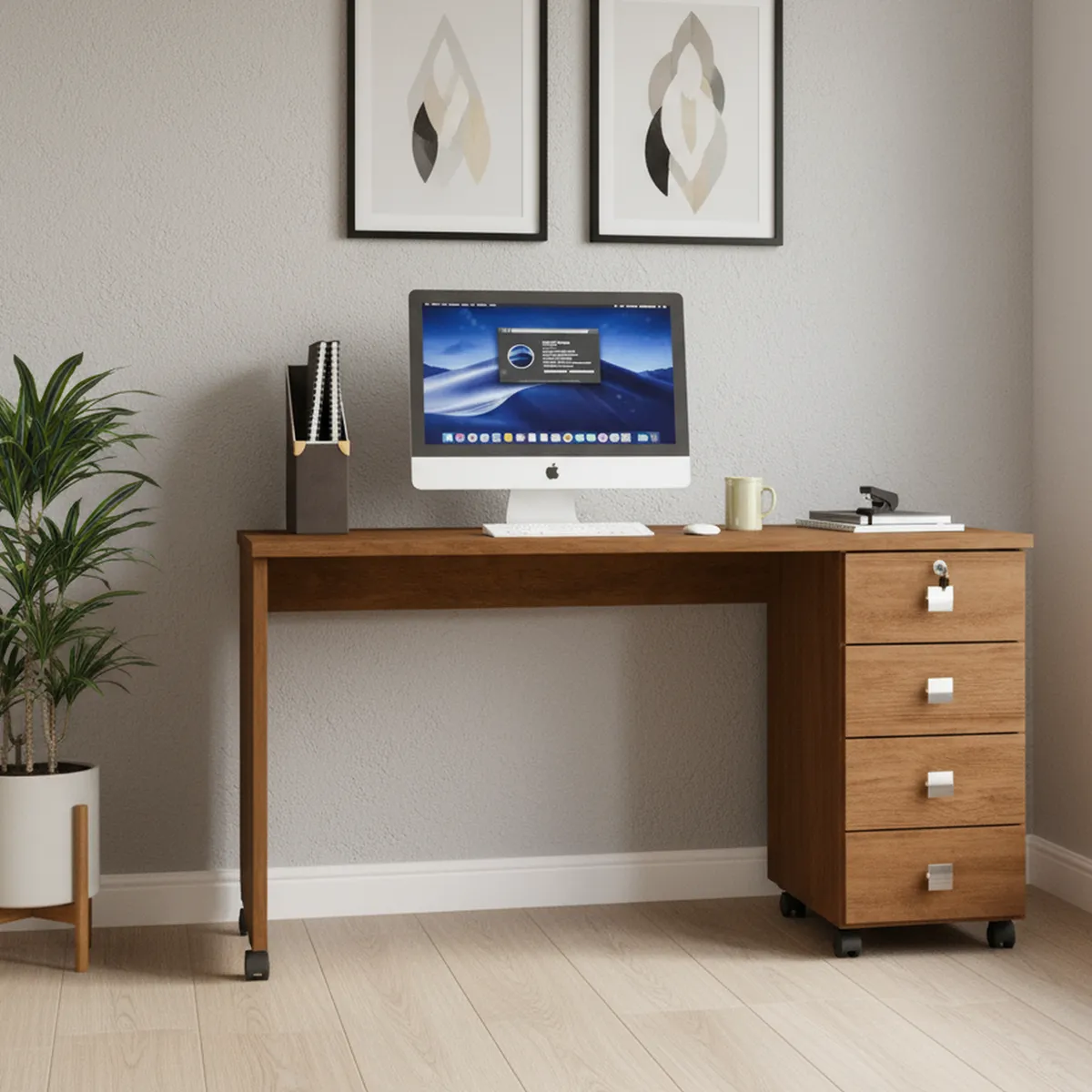 ONESSTA - Escritorio 4 cajones con ruedas canela café claro