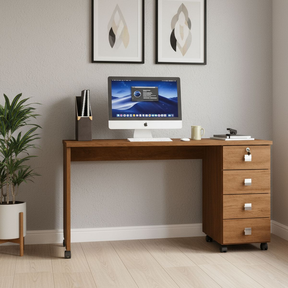 ONESSTA - Escritorio 4 cajones con ruedas canela café claro
