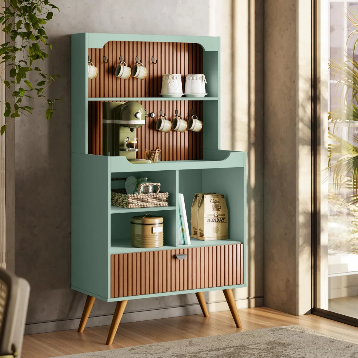 ONESSTA - Mueble para café 1 puerta y colgadores con patas de madera menta