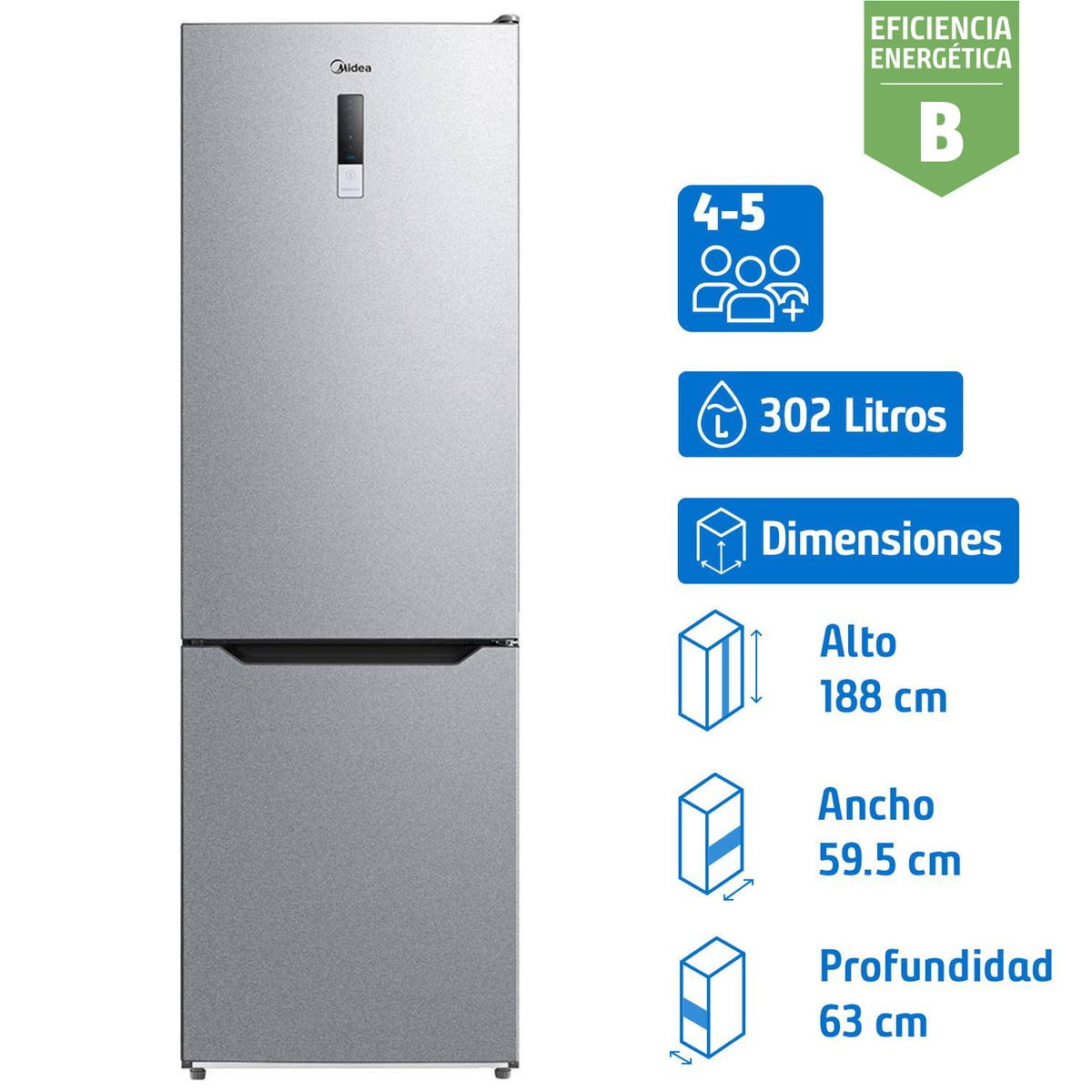MIDEA - Refrigerador Bottom Freezer No Frost 302 Litros Silver MDRB424FGE50