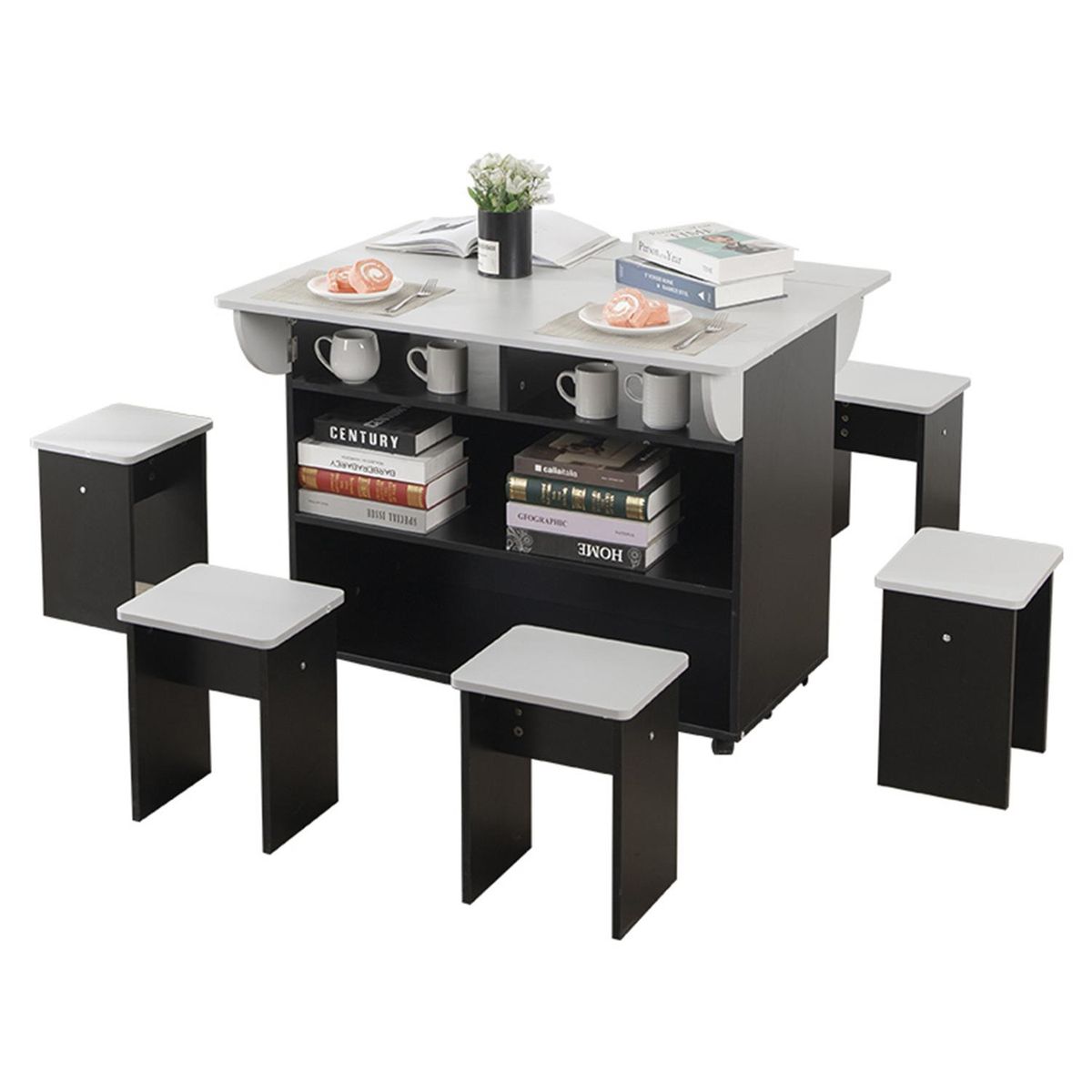 PERFECT SEAT - Juego de Comedor Isla 6 Sillas Mesa Rectangular 80x76x100 cm Negro y blanco