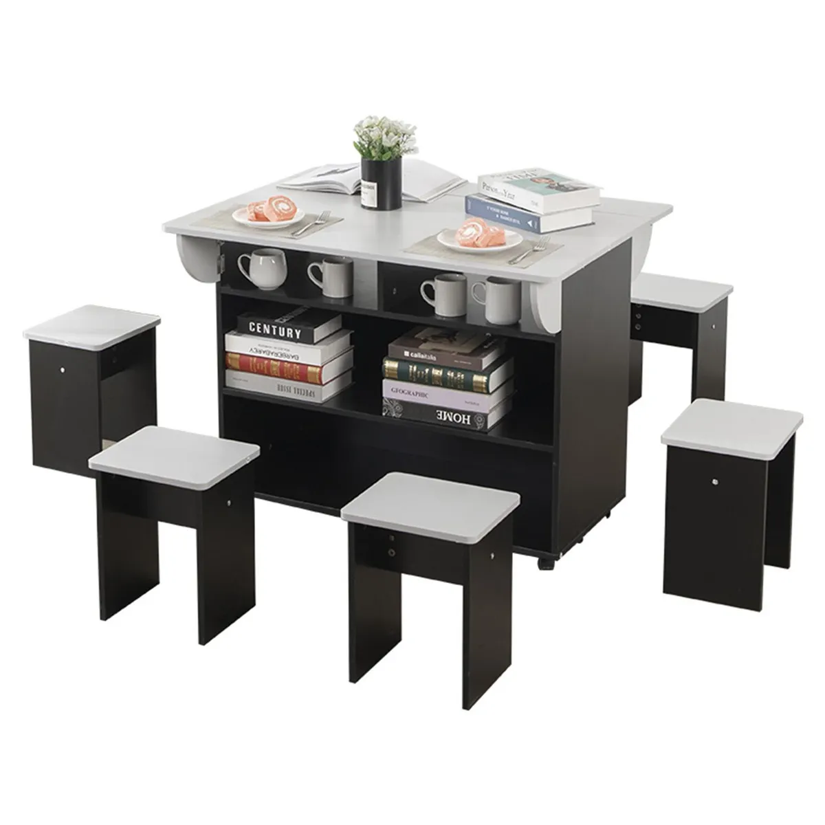 PERFECT SEAT - Juego de Comedor Isla 6 Sillas Mesa Rectangular 80x76x100 cm Negro y blanco