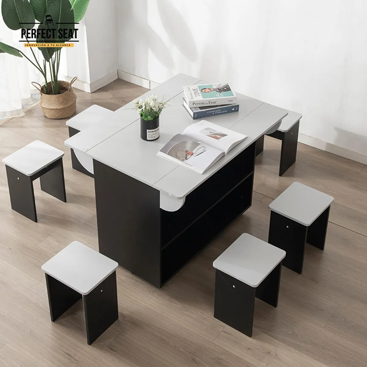 PERFECT SEAT - Juego de Comedor Isla 6 Sillas Mesa Rectangular 80x76x100 cm Negro y blanco