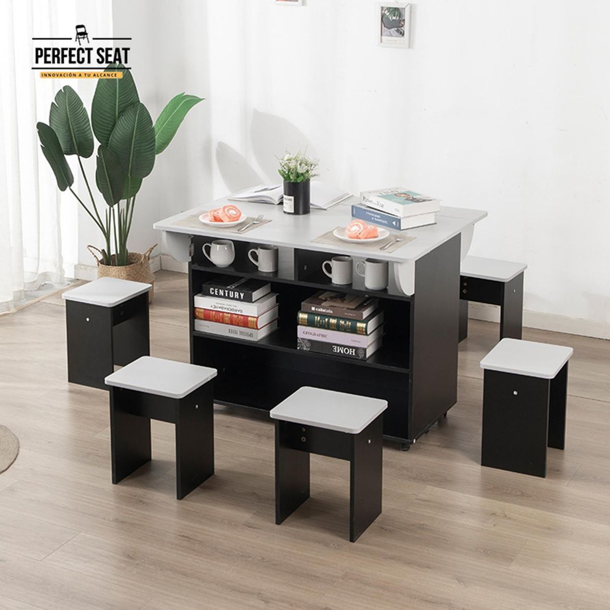 PERFECT SEAT - Juego de Comedor Isla 6 Sillas Mesa Rectangular 80x76x100 cm Café