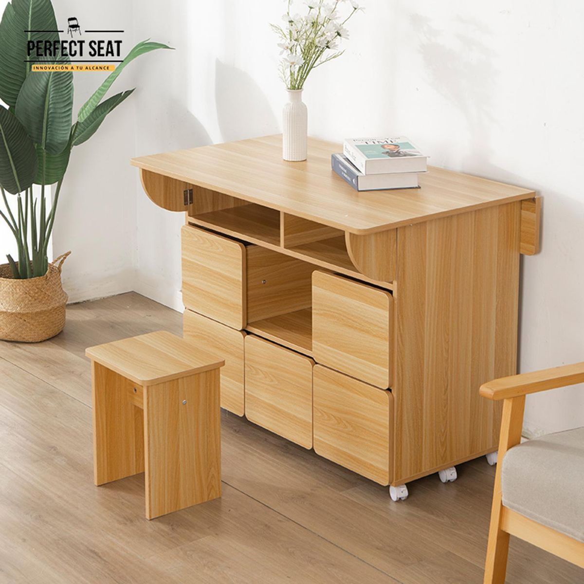 PERFECT SEAT - Juego de Comedor Isla 6 Sillas Mesa Rectangular 80x76x100 cm Madera