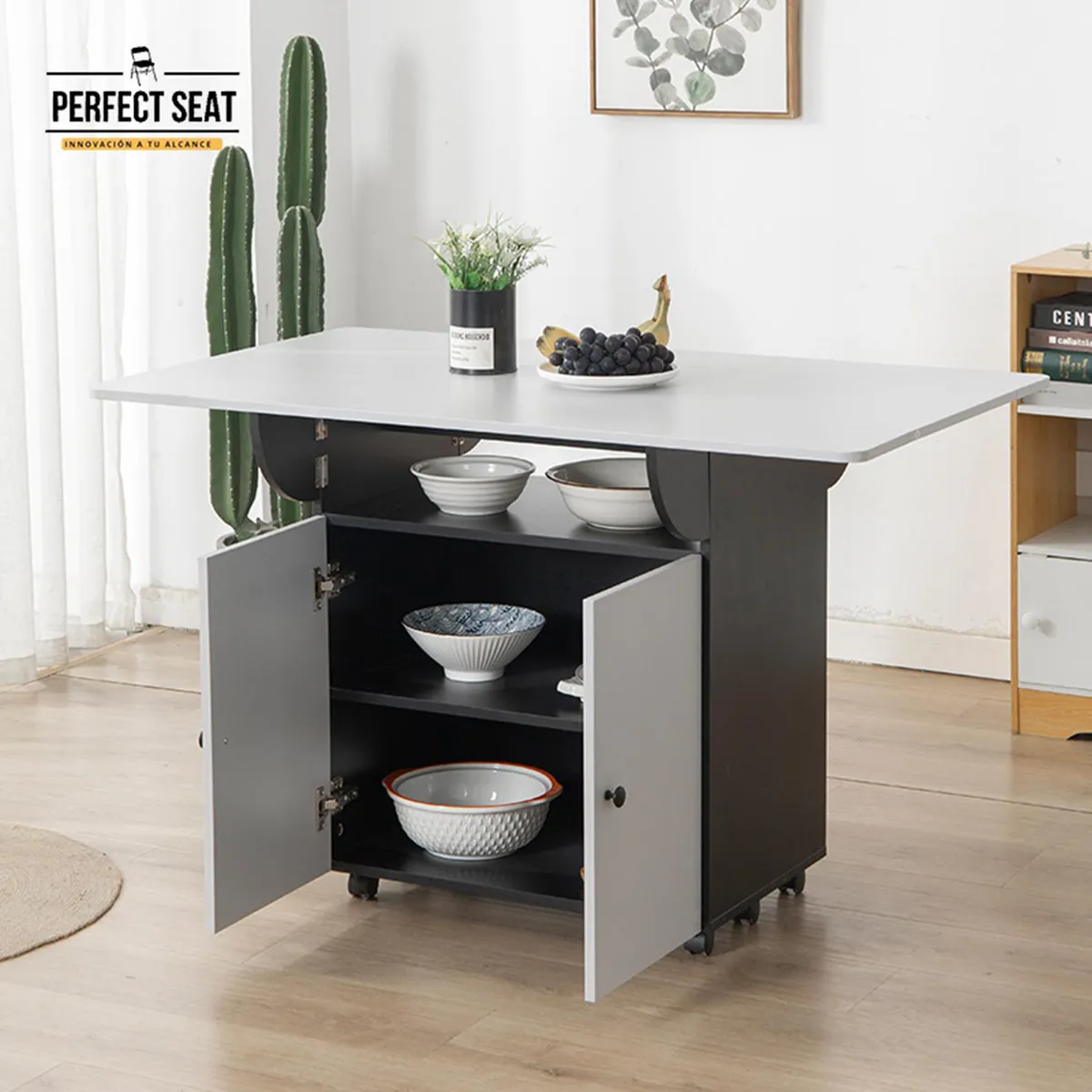 PERFECT SEAT - Mesa de comedor isla organizador bambú/blanco