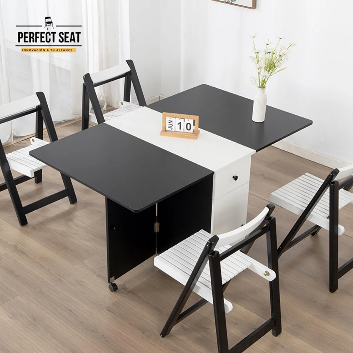 PERFECT SEAT - Juego de Comedor  4 Sillas Mesa Rectangular 83x76x140 cm Blanco/Negro