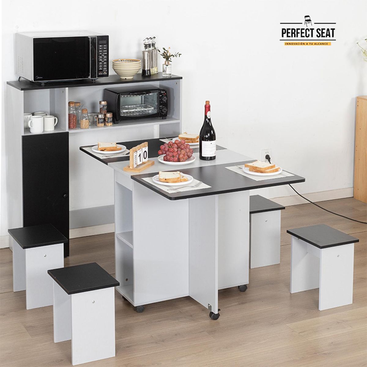 PERFECT SEAT - Juego de Comedor 4 Sillas Mesa Rectangular 75x76x120 cm Gris/Negro