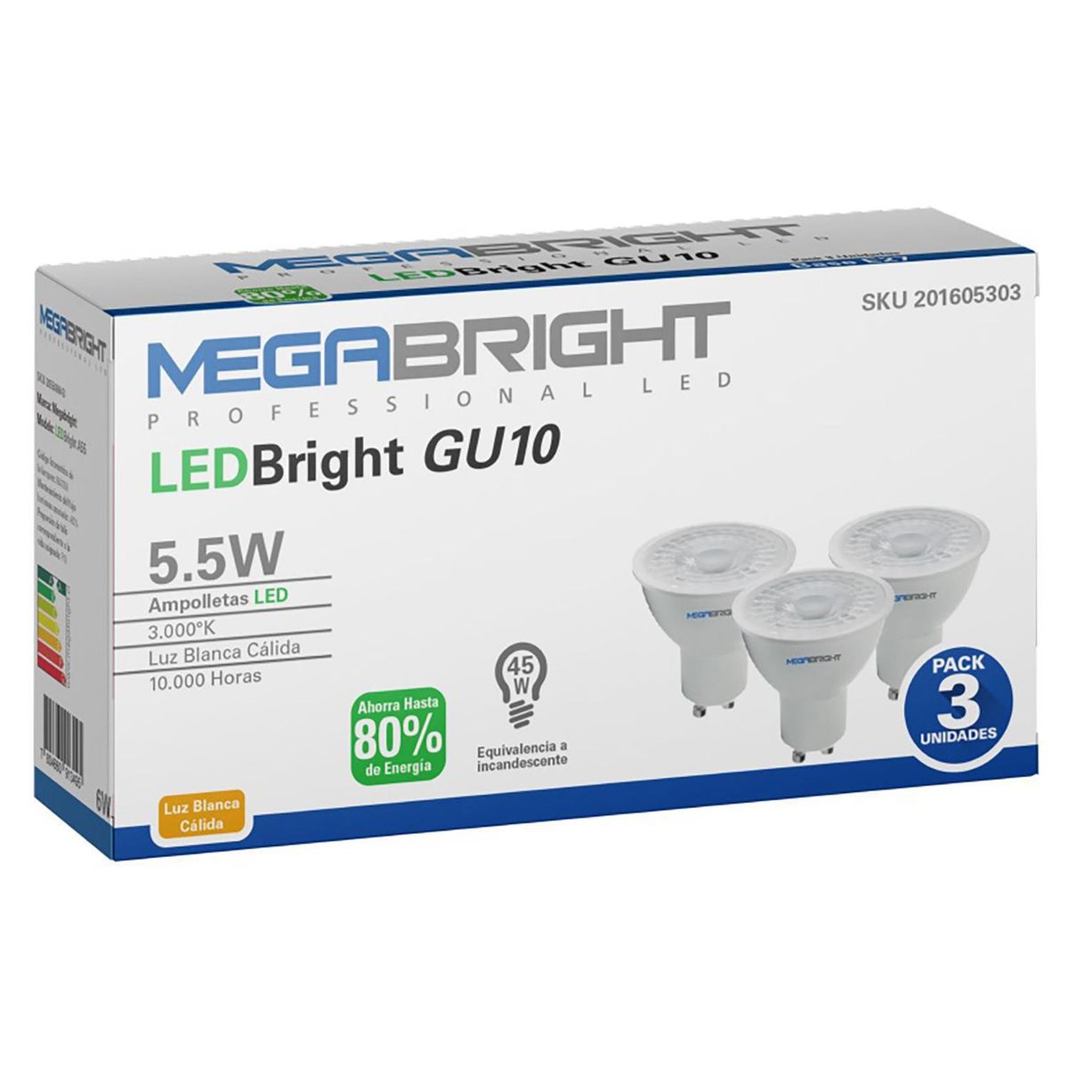 MEGABRIGHT - Pack 3 Ampolletas Led PAR16 5.5 W 430 lm Luz Cálida