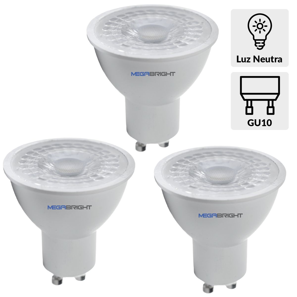 MEGABRIGHT - Pack 3 Ampolletas Led PAR16 5.5 W GU10 430 lm Luz Neutro
