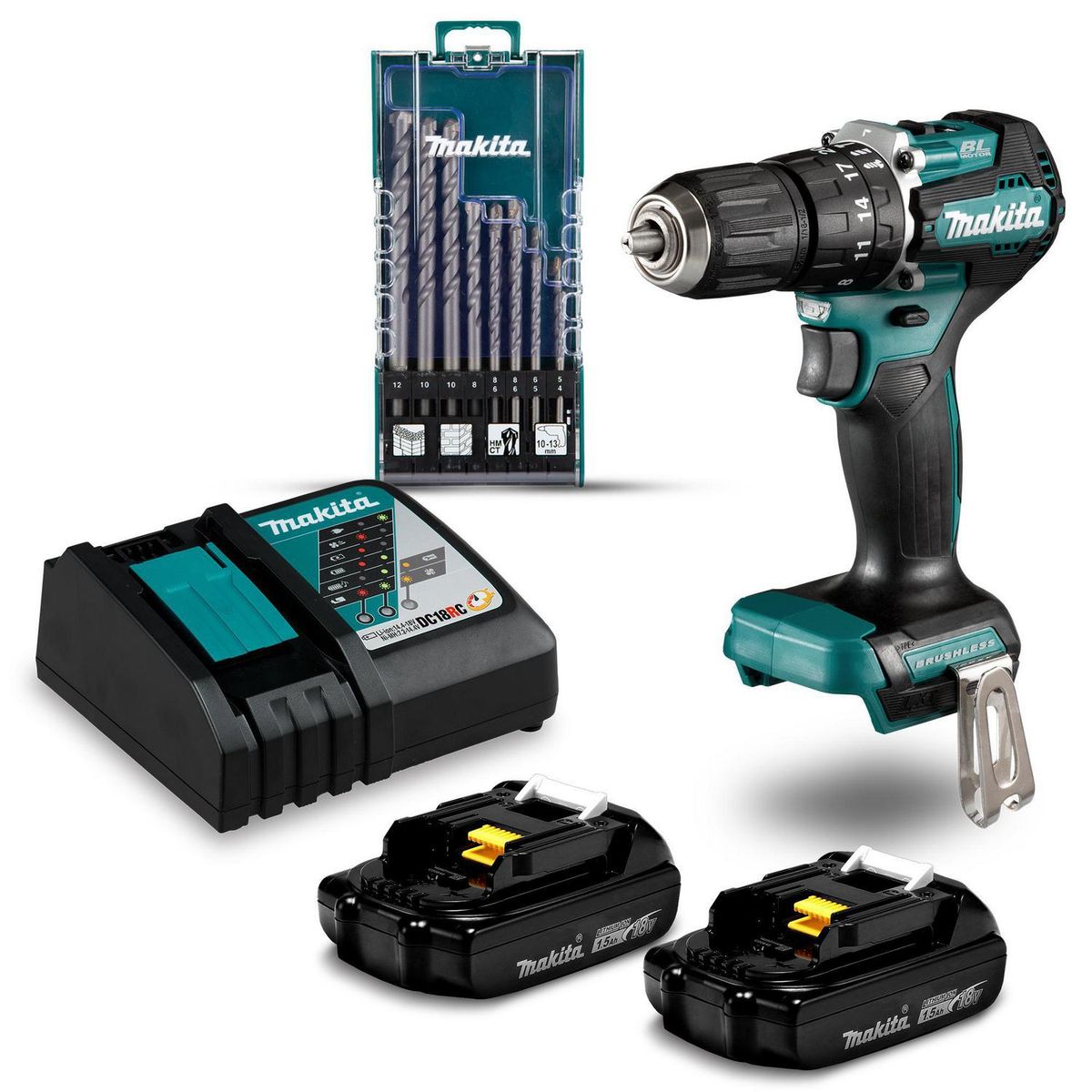 MAKITA - Taladro Inalámbrico Percutor 13 mm 18 V/2 Baterías/12 Accesorios