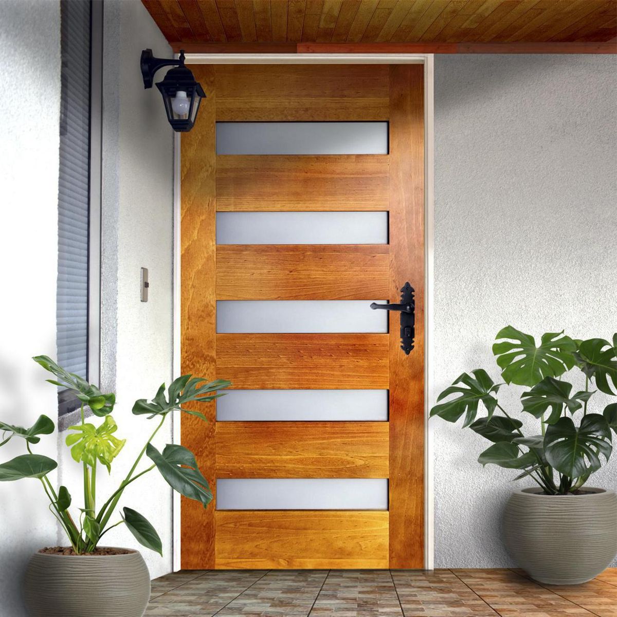 HOLZTEK - Puerta Exterior Madera pino radiata 80x200 cm 5 Vidrios Castaño Castaño
