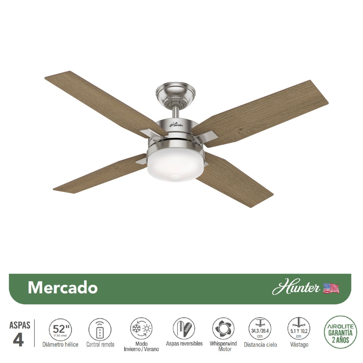 HUNTER - Ventilador de techo mercado 50” c/luz y c/remoto