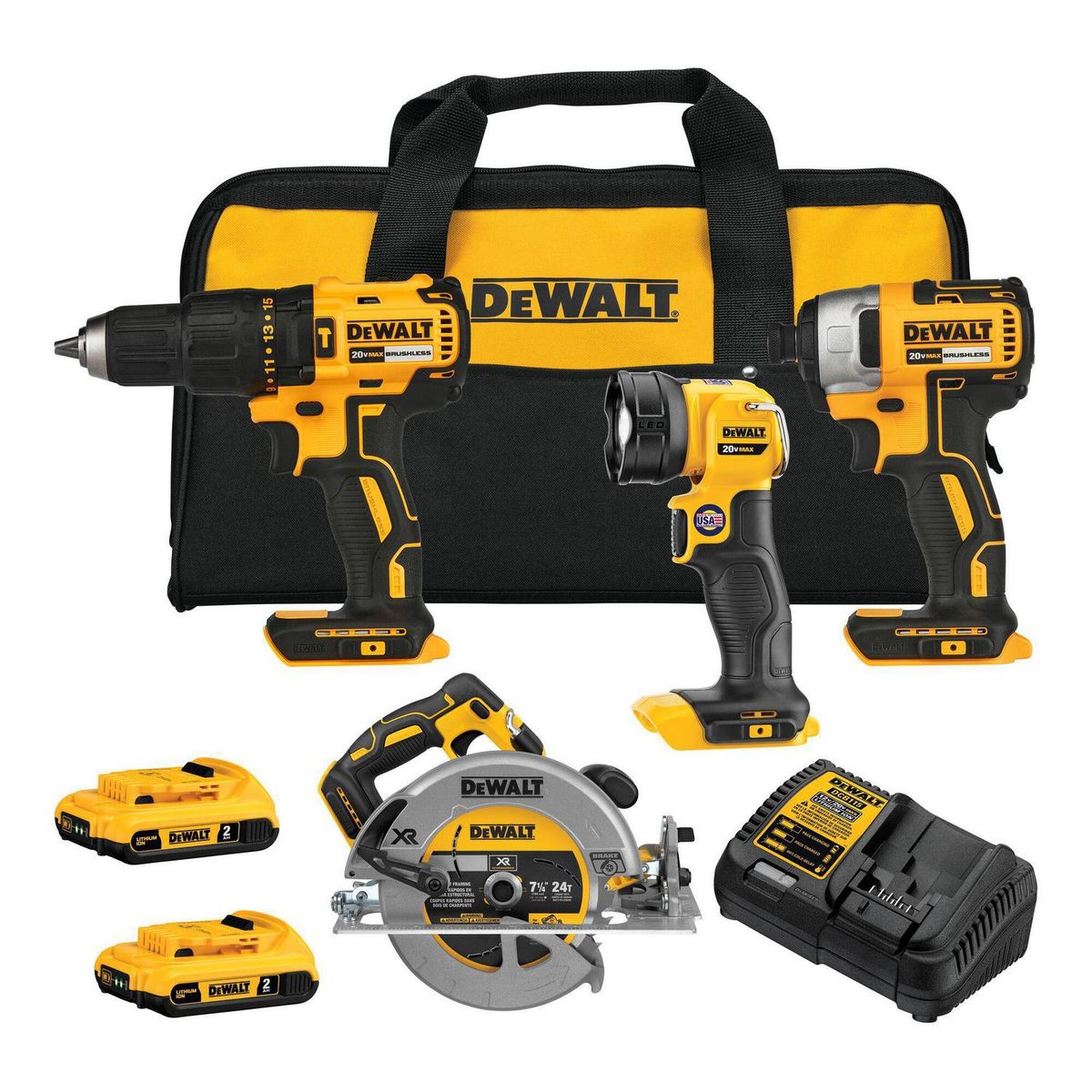 DEWALT - Kit 4 herramientas inalámbricas 20V + 2 baterías y cargador