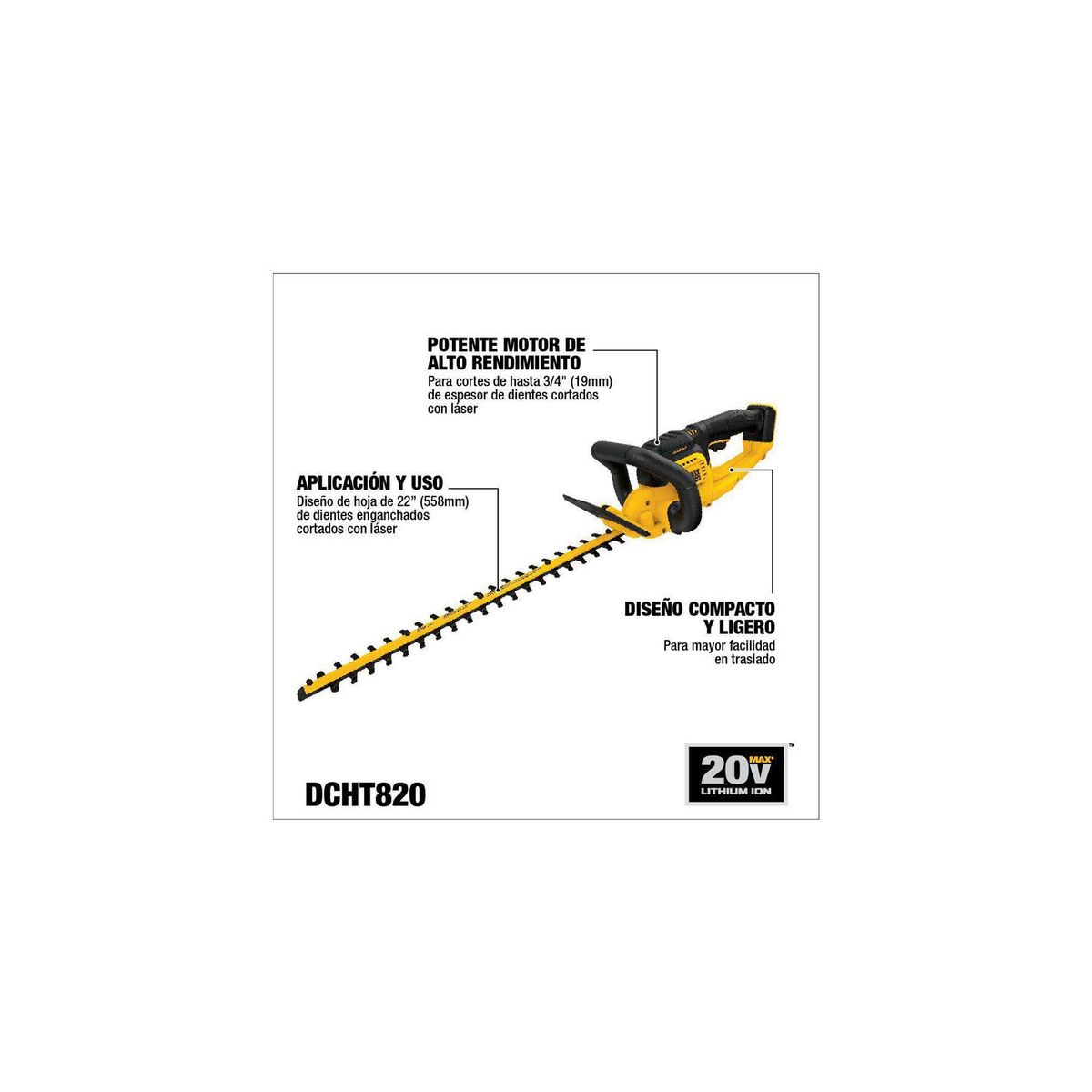 DEWALT - Cortasetos Inalámbrico 22” 20V con Batería 5 Ah y Cargador