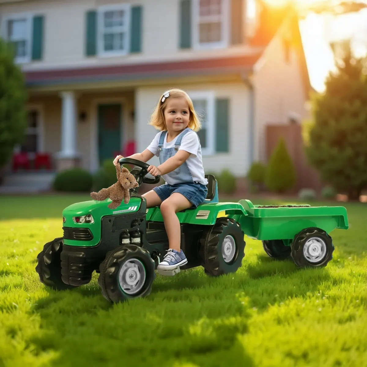 KIDSCOOL - Tractor Infantil a Pedales Ranchero con Carrito Verde Desde 2 años