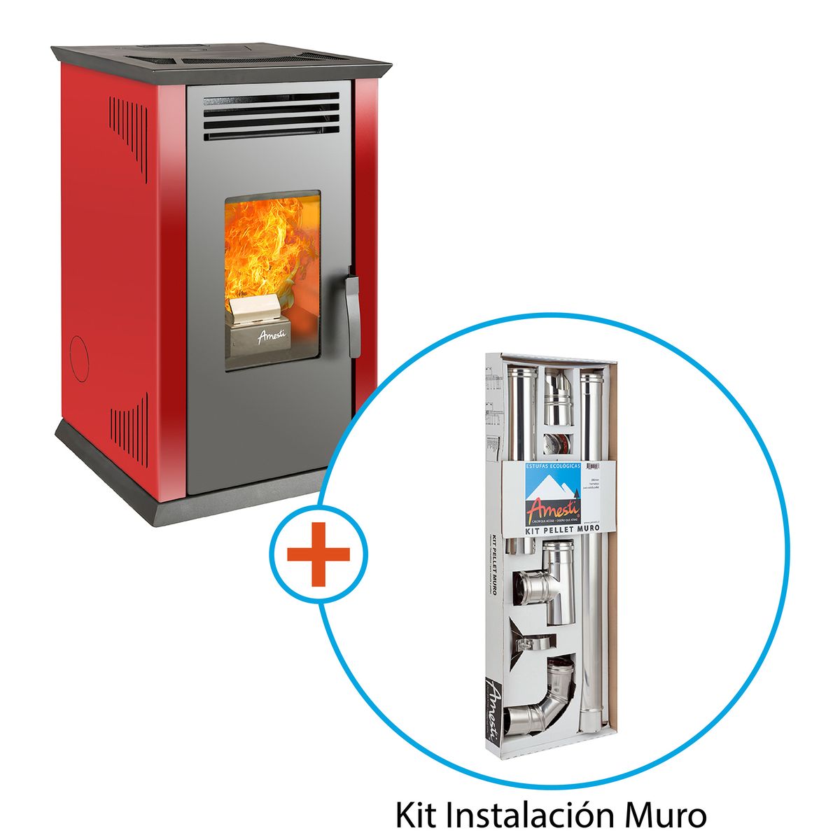 AMESTI - Estufa a Pellet Italy 8100 Roja/Kit de Instalación Muro