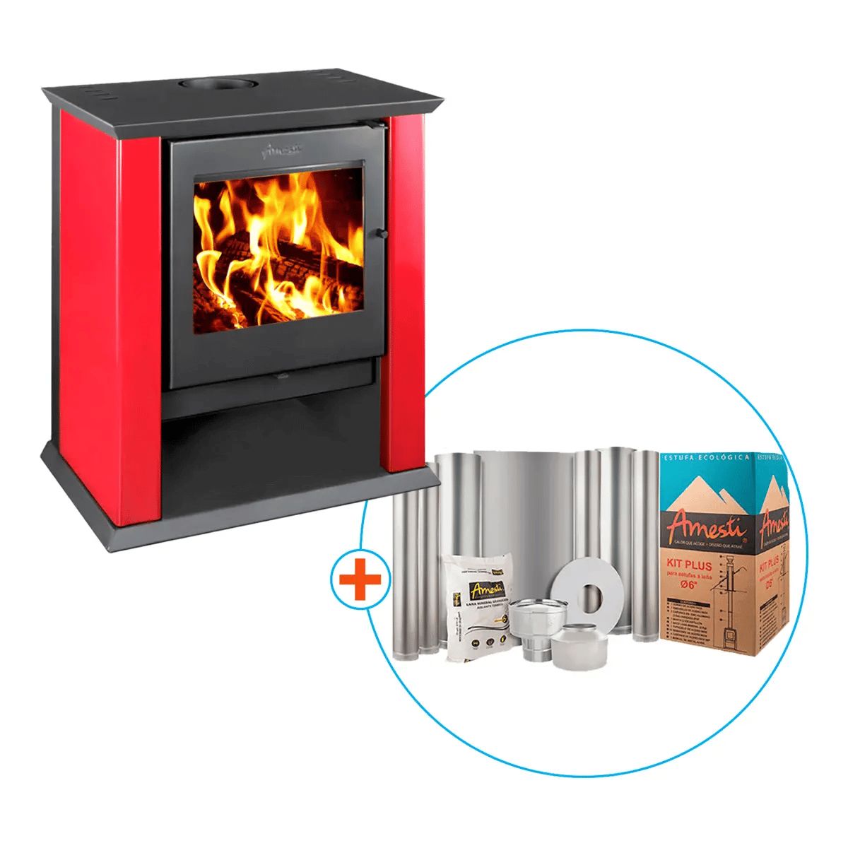AMESTI - Estufa a Leña Classic 500 Roja + Kit de Instalación 6"