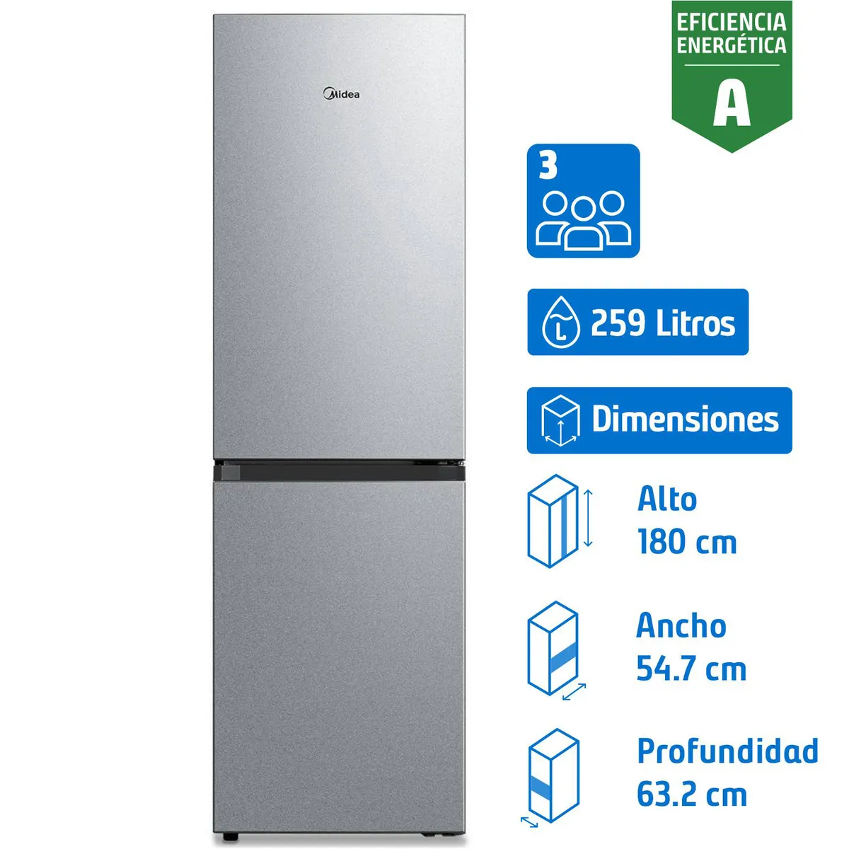 MIDEA - Refrigerador Bottom Freezer No Frost 259 Litros Silver MDRB379FGF50